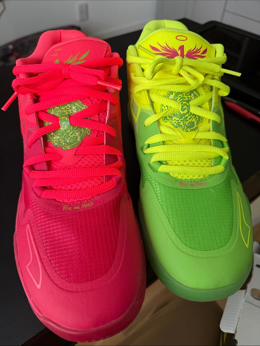 Puma Neon Yellow and Neon Pink Mismatched Rick and Morty Sneakers